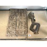 WOODEN AFRICAN GRAIN DOOR 62 X 35 CM WITH A CARVED WOODEN FIGURE