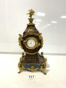 A FRENCH BOULLE WORK MANTEL CLOCK WITH WHITE ENAMEL DIAL, AF. 36 CMS.