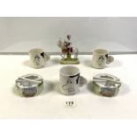 THREE CHARACTER PRINCE CHARLES MUGS WITH A PAIR OF PORCELAIN DRUM-SHAPED CRESTED WARE AND A