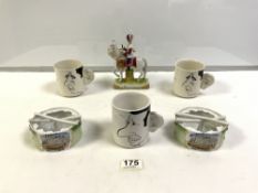 THREE CHARACTER PRINCE CHARLES MUGS WITH A PAIR OF PORCELAIN DRUM-SHAPED CRESTED WARE AND A