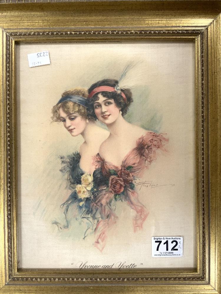 A PAINTING ON SILK - YVONNE AND YVETTE, SIGNED, IN A GILT FRAME. 22X28, AND A PRINT MOONLIGHT - Image 2 of 4