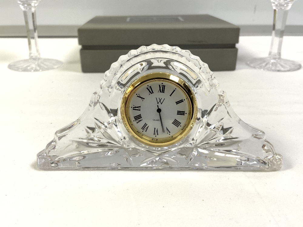 A WATERFORD CRYSTAL GLASS MINIATURE CLOCK IN A BOX AND TWO TYRONE CRYSTAL GLASS WINE GLASSES - Image 3 of 8