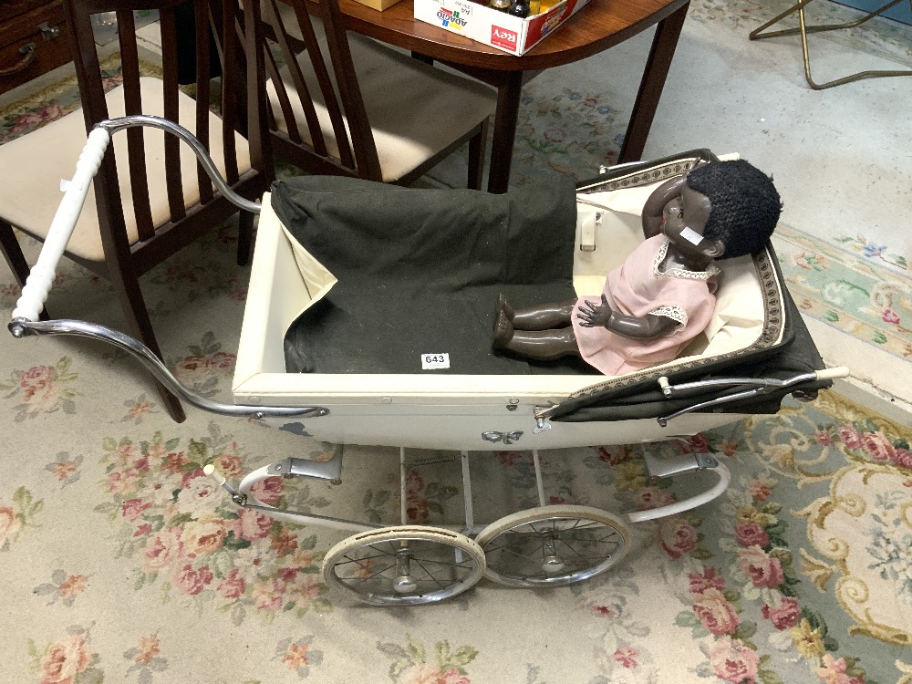 VINTAGE SILVER CROSS PRAM WITH A BLACK PEDIGREE DOLL