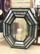 A LARGE ANTIQUE VENETIAN CUSHION MIRROR, WITH ETCHED MIRROR PANELS AND MERCURY GLASS CENTRE PANEL.