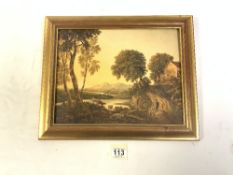 A WATERCOLOUR - FIGURES WITH CATTLE AND A COTTAGE IN A RIVER LANDSCAPE