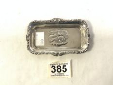 HALLMARKED SILVER RECTANGULAR PIN TRAY WITH EMBOSSED REYNOLDS ANGLES, CHESTER 1901, 11.5CMS, 33