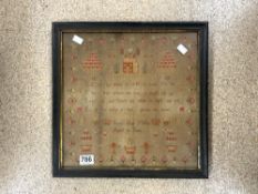 VICTORIAN FRAMED AND GLAZED SAMPLER FROM A CHILD AGED TEN 42 X 42CM