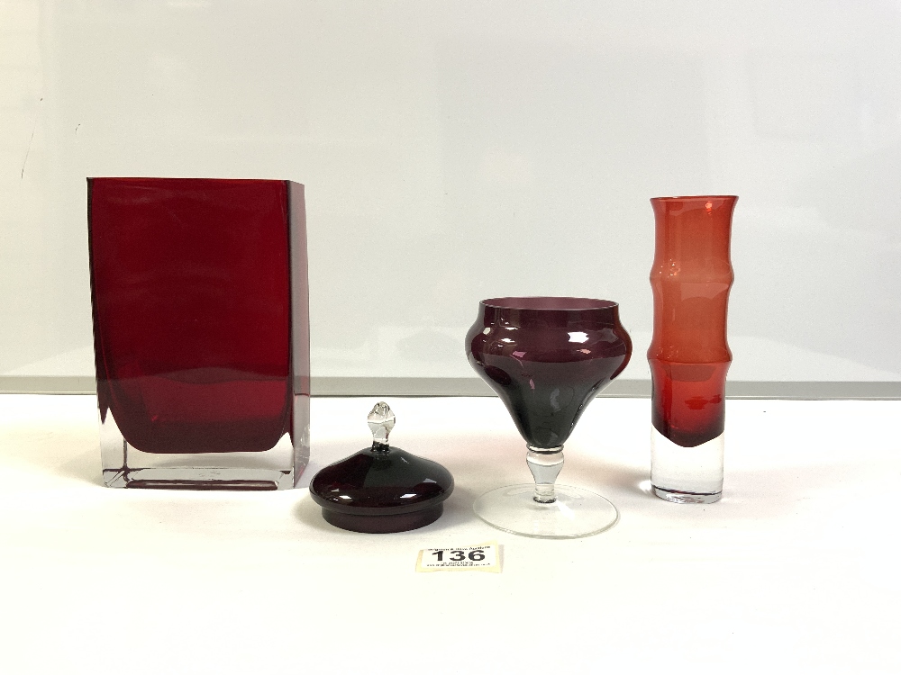 SWEDISH GLASS POSY VASE 19 CM WITH A RECTANGULAR RED GLASS VASE AND A AMETHYST GLASS BOWL AND COVER - Image 4 of 4
