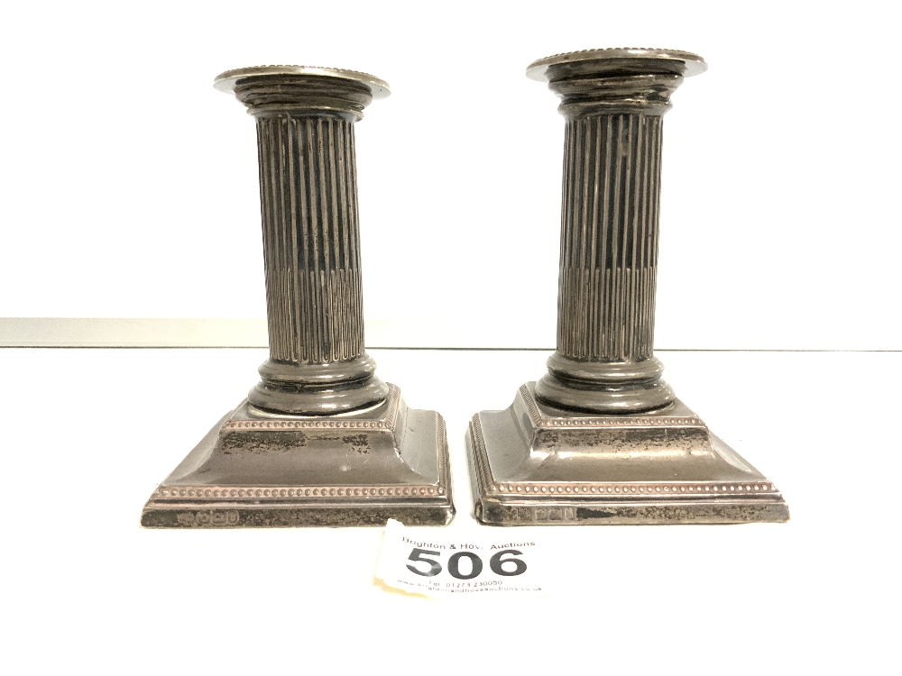 HALLMARKED SILVER SQUAT COLUMN SHAPED CANDLESTICKS A/F BY HAWSWORTH EYRE AND CO 12 CM - Image 4 of 7