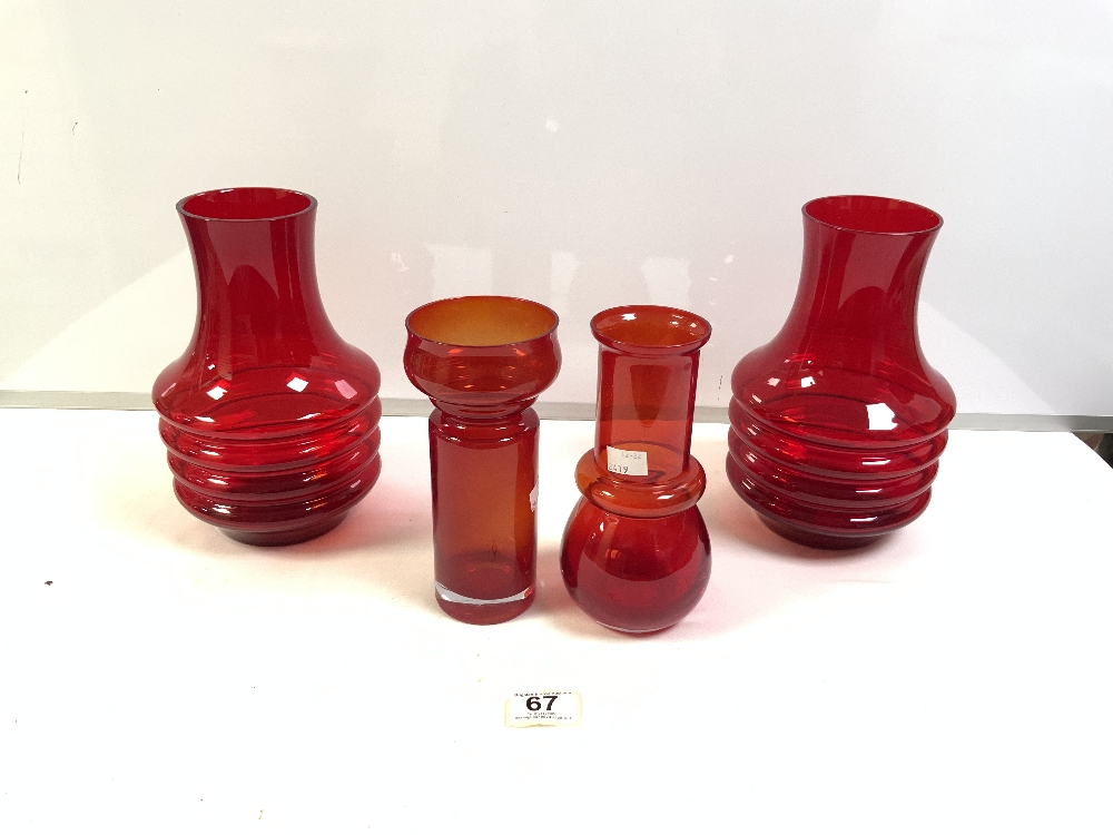 PAIR OF STUDIO RED GLASS RIBBED VASES WITH ANOTHER 2 OTHER RED GLASS VASES