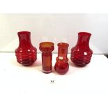 PAIR OF STUDIO RED GLASS RIBBED VASES WITH ANOTHER 2 OTHER RED GLASS VASES