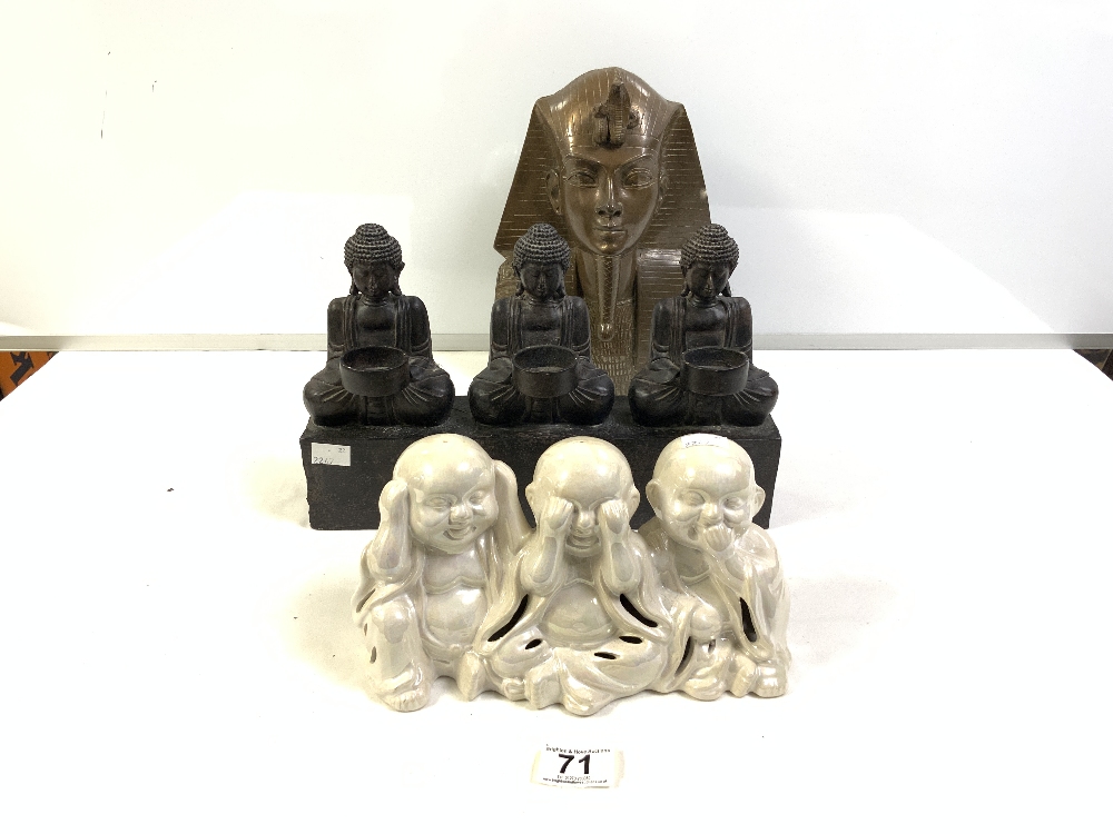 REPRODUCTION OF TUTUMKAMUN MASK WITH A GROUP OF THREE BUDDHAS AND A CERAMIC GROUP