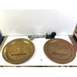 TWO VINTAGE CIRCULAR EMBOSSED WATNEYS PLAQUES WITH A VINTAGE CHROME DYMO-MITE TYPEWRITER AND A