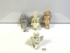 THREE CERAMIC CHERUB FIGURES AND A POTTERY CHERUB