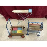 THREE VINTAGE TOYS BABY WALKER, IRONING BOARD, AND MANGLE BY TRIANG