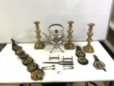 THREE VICTORIAN BRASS CANDLESTICKS (26CMS), SILVER-PLATED KETTLE ON STAND, HORSE BRASS'S, KNIFE