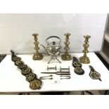 THREE VICTORIAN BRASS CANDLESTICKS (26CMS), SILVER-PLATED KETTLE ON STAND, HORSE BRASS'S, KNIFE