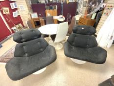 A PAIR OF LAURASHELL MID-CENTURY VINTAGE UPHOLSTERED AND WHITE FIBREGLASS SWIVEL CHAIRS, OF GEOFFREY