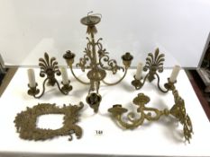 A PAIR OF BRASS FLEUR DE LIS PATTERN WALL LIGHTS WITH A THREE-BRANCH BRASS CHANDELIER AND A SINGLE