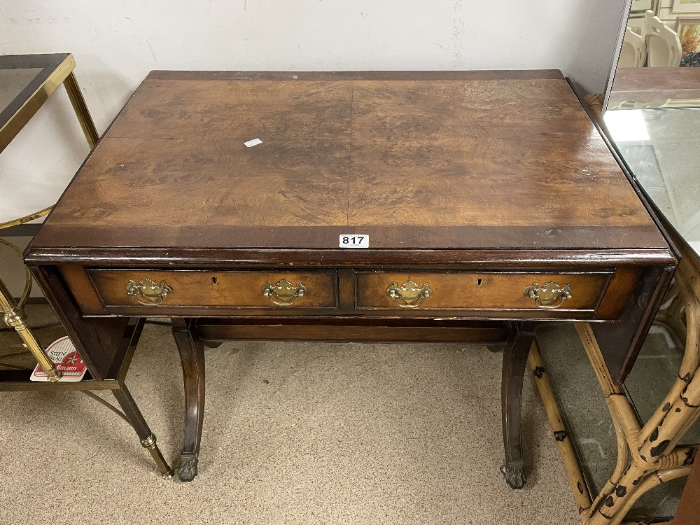 REGENCY WALNUT AND MAHOGANY TWO DRAW DROP-END SOFA TABLE