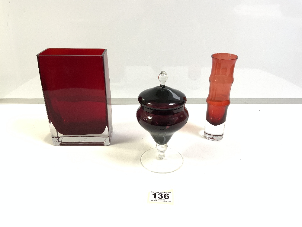 SWEDISH GLASS POSY VASE 19 CM WITH A RECTANGULAR RED GLASS VASE AND A AMETHYST GLASS BOWL AND COVER