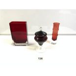 SWEDISH GLASS POSY VASE 19 CM WITH A RECTANGULAR RED GLASS VASE AND A AMETHYST GLASS BOWL AND COVER