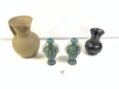 TWO END-OF-THE-DAY ART GLASS VASES WITH STUDIO ART POTTERY JUGS INCLUDES PRINKNASH AND ONE OTHER