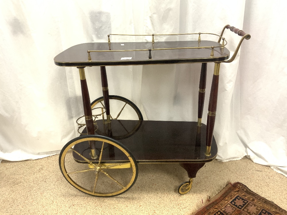 A TWO TIER RETRO WAGON DESIGN DRINKS TROLLEY, WITH BRASS GALLERY. - Image 2 of 3