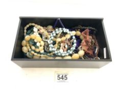 BOX OF VINTAGE COSTUME JEWELLER NECKLACES, BROOCHES AND MORE