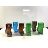 SIX COLOURED GLASS WHITEFRIARS STYLE DRUNKEN BRICKLAYERS VASES