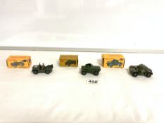 THREE DINKY TOYS ARMY VEHICLES - ARMOURED CAR 670, AUSTIN CHAMP 674, AND SCOUT CAR 673.