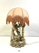 20TH-CENTURY ITALIAN CERAMIC CHERUB PLAYING THE HARP TABLE LAMP, WITH FLORAL ENCRUSTED DECORATION (