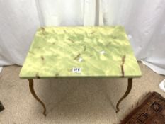 A 1980S ONYX COFFEE TABLE ON GILT METAL LEGS, 60X44