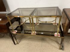 NEST OF BRASS AND GLASS TABLES COLUMN SUPPORTS AND CROSS BANDED