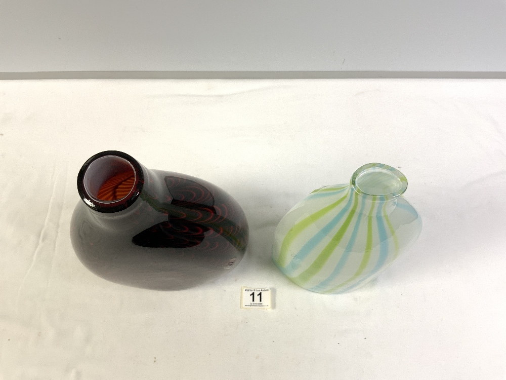 TWO 20TH-CENTURY ART GLASS VASES - ONE IS RED AND BLACK (30CMS), AND THE OTHER IS BLUE, GREEN, AND - Image 2 of 4