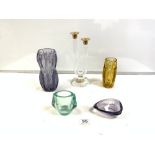 FOUR COLOURED STUDIO GLASS VASES AND A SMALL DISH WITH A TWO BRANCH RETRO CANDLESTICK