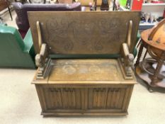 VINTAGE WOODEN MONKS BENCH WITH CARVED WOODEN LION ARMS