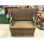 VINTAGE WOODEN MONKS BENCH WITH CARVED WOODEN LION ARMS