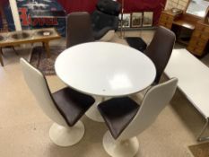 A RETRO TULIP CIRCULAR WHITE DINING TABLE 110 CMS DIAMETER, AND FOUR MATCHING CHAIRS BY JOHNSON
