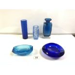 THREE MID-CENTURY BLUE GLASS VASES AND TWO DISHES