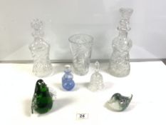 TWO HEAVY CUT GLASS DECANTERS, CUT GLASS VASE, TWO ANIMAL GLASS PAPERWEIGHTS, GLASS SCENT AND