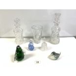 TWO HEAVY CUT GLASS DECANTERS, CUT GLASS VASE, TWO ANIMAL GLASS PAPERWEIGHTS, GLASS SCENT AND