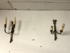 PAIR OF BRASS TWO BRANCH WALL LIGHTS