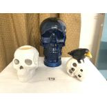 LARGE BLUE GLASS SKULL WITH TWO OTHERS 26CM