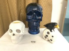 LARGE BLUE GLASS SKULL WITH TWO OTHERS 26CM