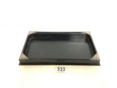 EBONISED PEN TRAY WITH HALLMARKED SILVER CORNER MOUNTS, BIRMINGHAM.