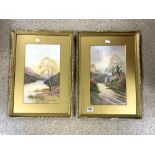 J HUMPHREY, PAIR WATERCOLOURS - RIVER LANDSCAPE AND COUNTRY LANE, SIGNED, 37X21.