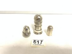 TWO HALLMARKED SILVER CYLINDRICAL PEPPERS LARGEST 7CM AND 830 SILVER ACORN PEPPER