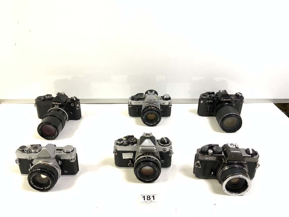 SIX 35 MM CAMERAS CANON AE-1 NIKON AND OLYMPUS AND MORE