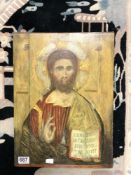 A OIL PAINTING ON WOOD PANEL OF CHRIST THE RIGHTEOUS JUDGE, DATED 1974, 34X46 CMS.